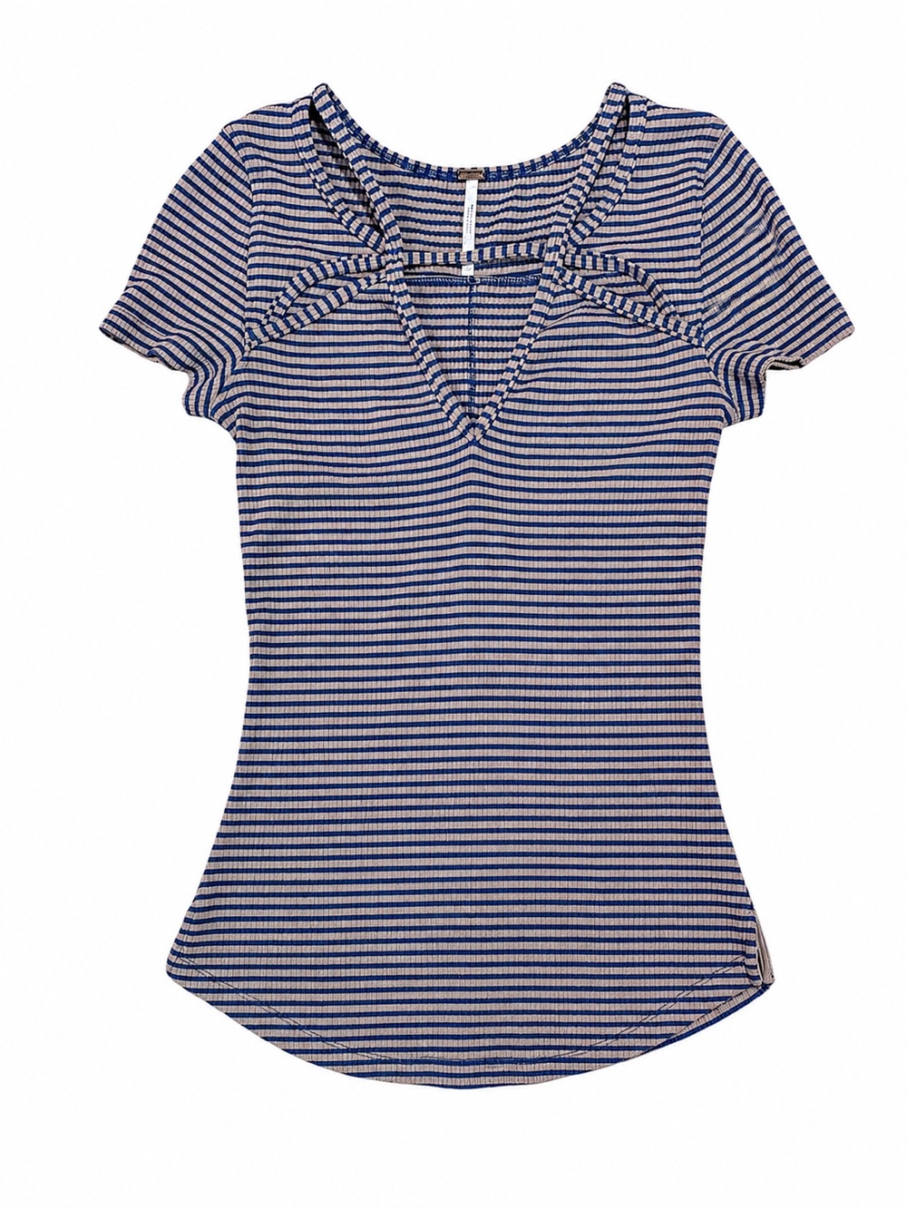 Free People Ribbed Striped V-Neck Tee Blue Tan Stretch Fitted Top Women’s S